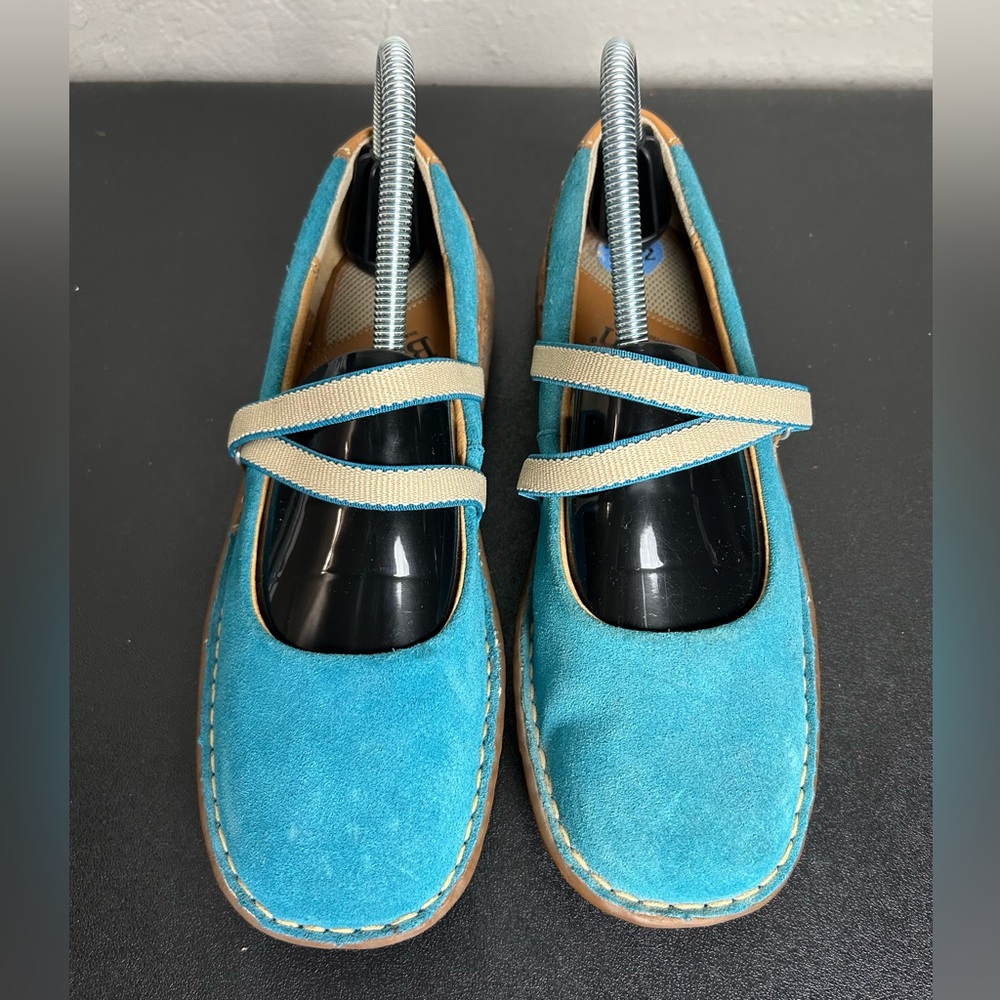 Born Teal Suede Mary Jane Flats with Tan Leather Accents - Picture 3 of 9